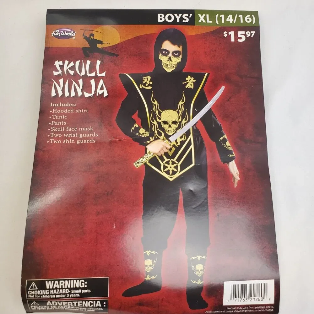 Fin World Skull Ninja Costume Boys XL (14/16) Black & Gold 8 Piece Halloween Toy